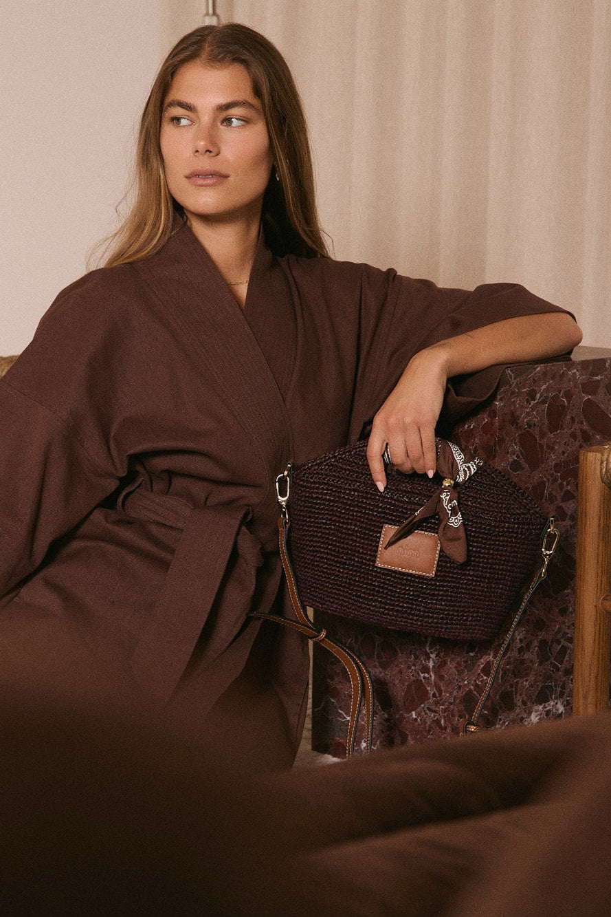 Leather Trimmed Raffia Mini - Cocoa