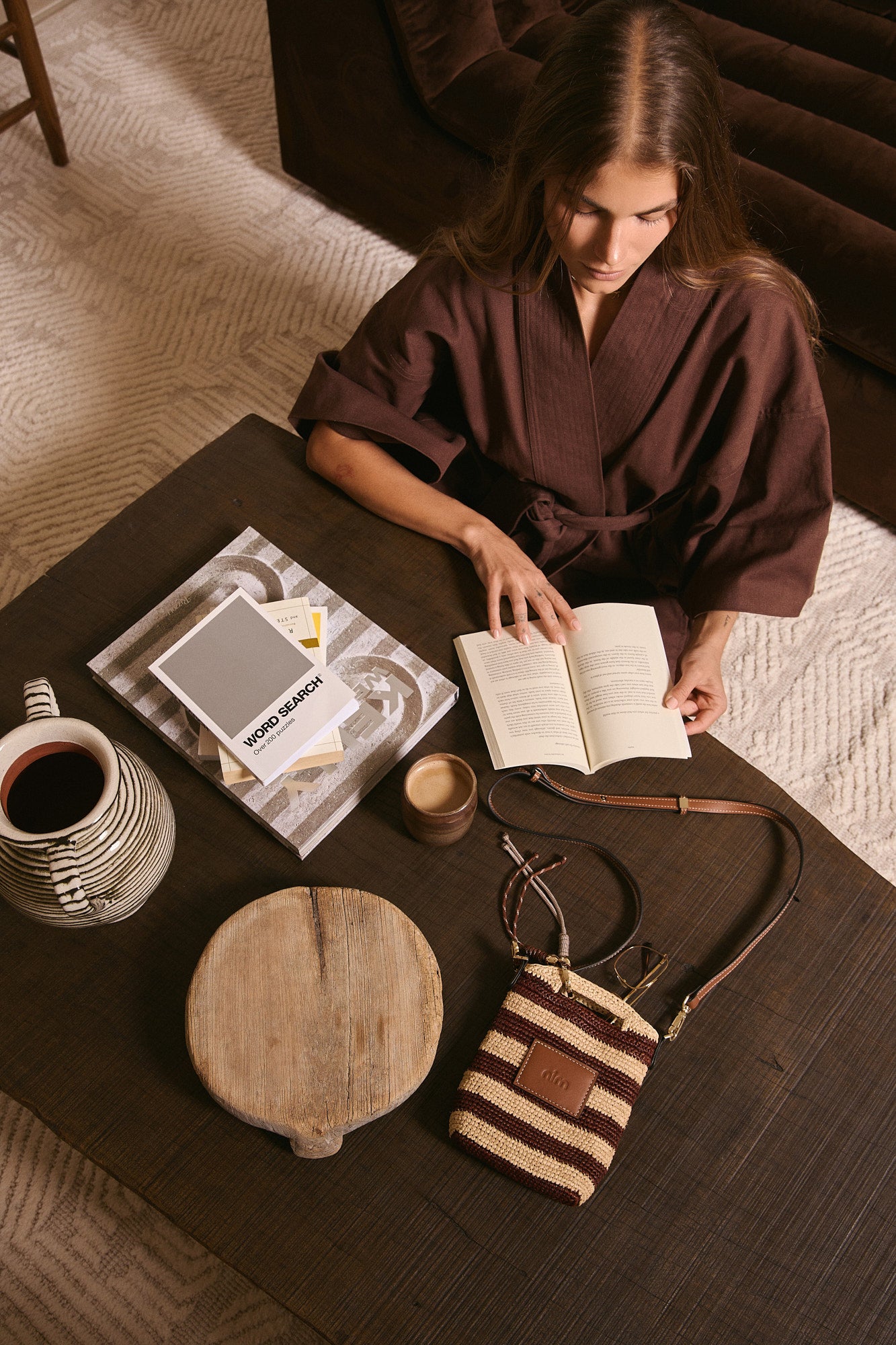 Leather Trimmed Raffia Pocket - Stripe