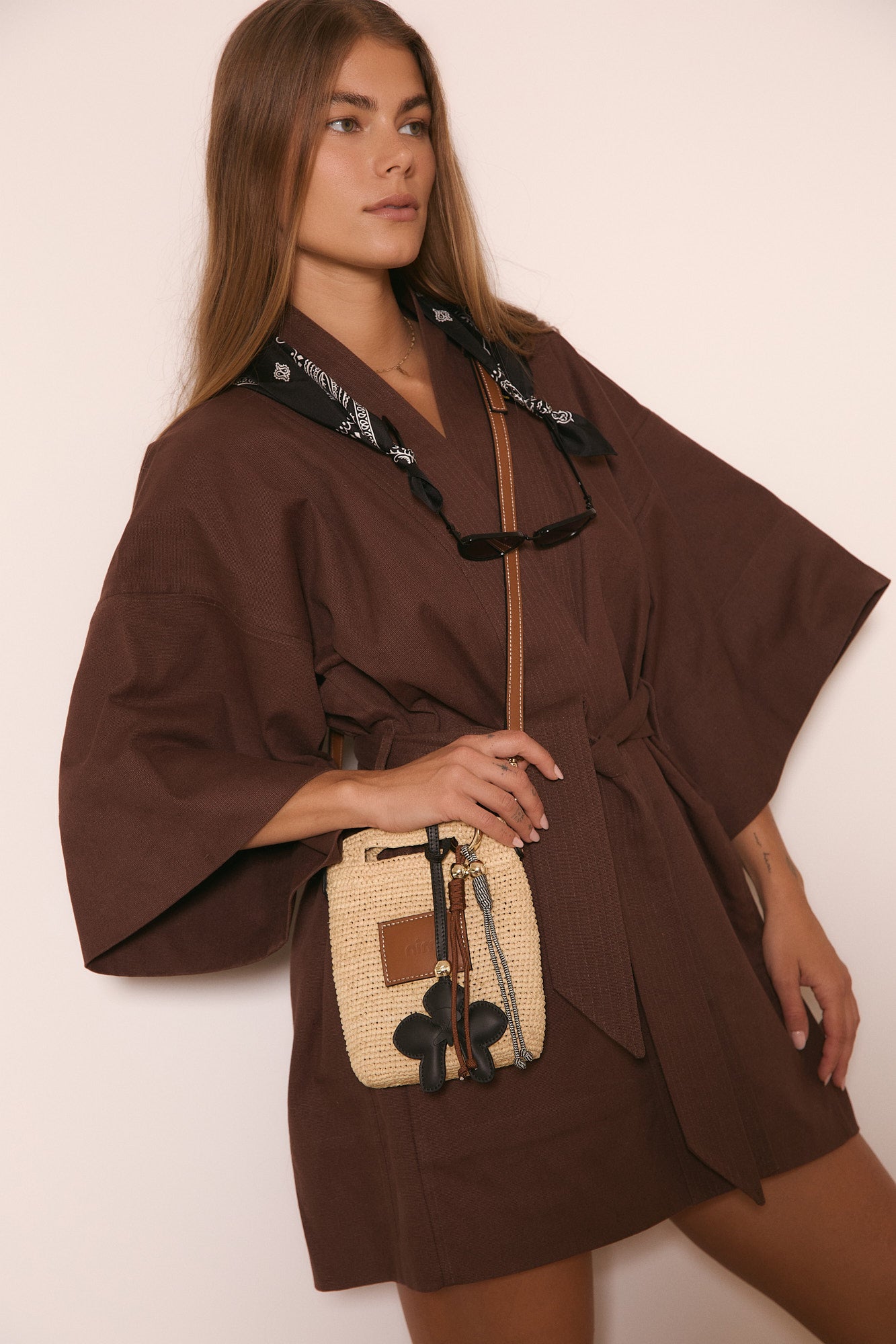 Leather Trimmed Raffia Pocket - Natural