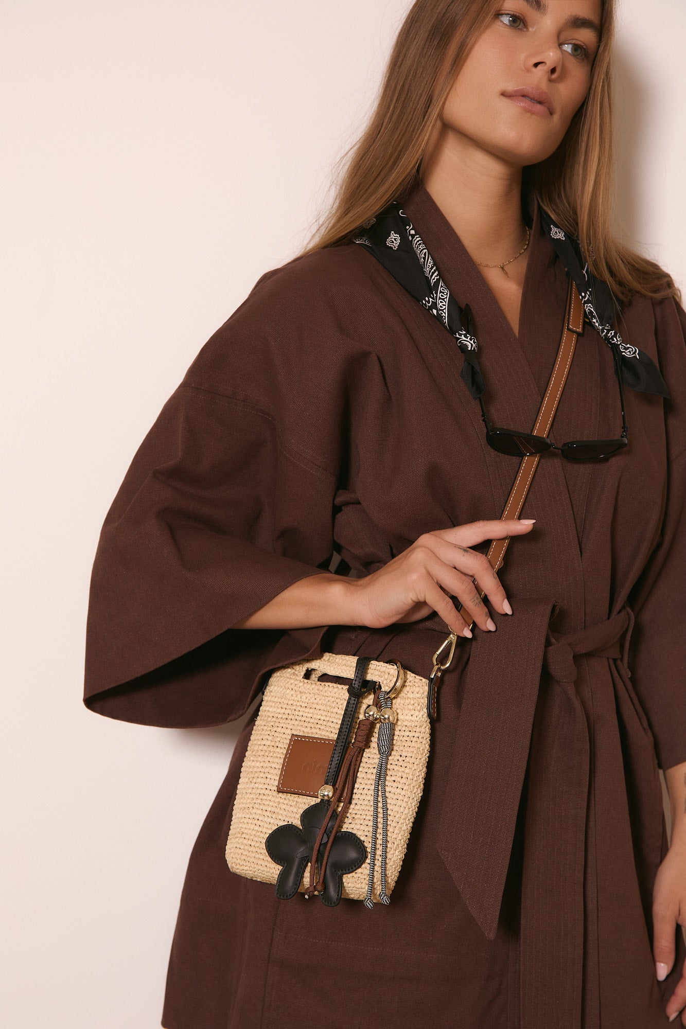 Leather Trimmed Raffia Pocket - Natural