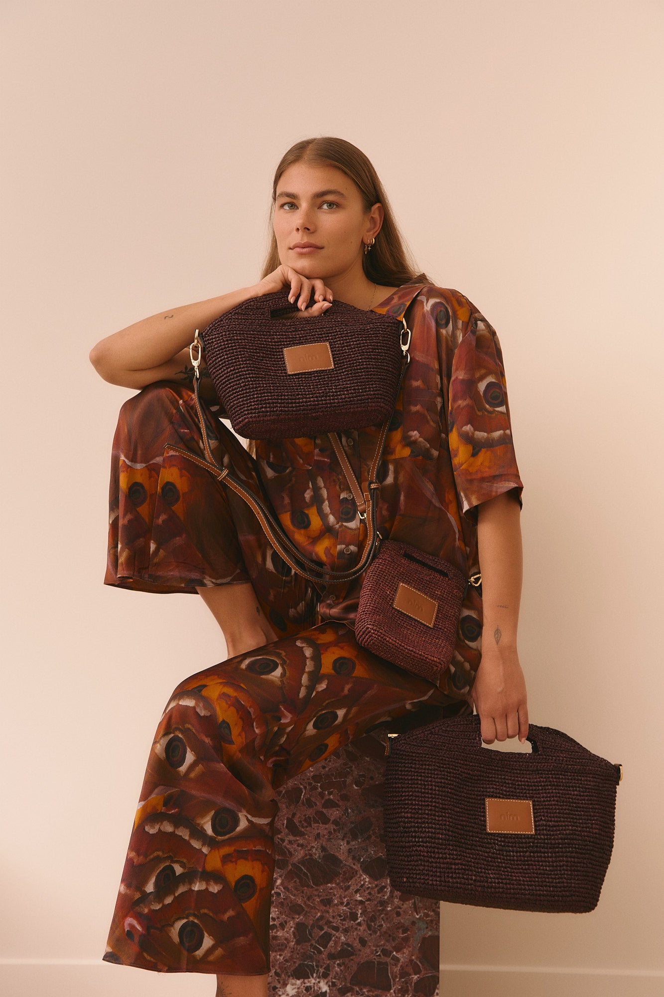 PREORDER Leather Trimmed Raffia Mini - Cocoa